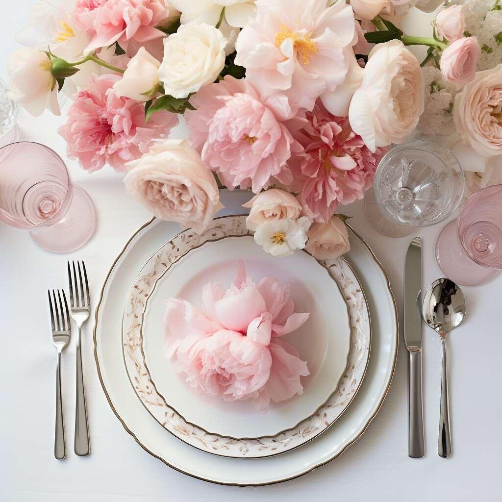 Elegant table setting with pink and white floral bouquet on a ceramic dining table.