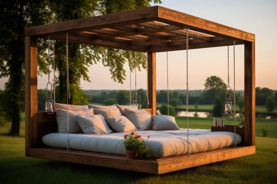 An outdoor day bed with a wooden frame on a grassy field, surrounded by nature.