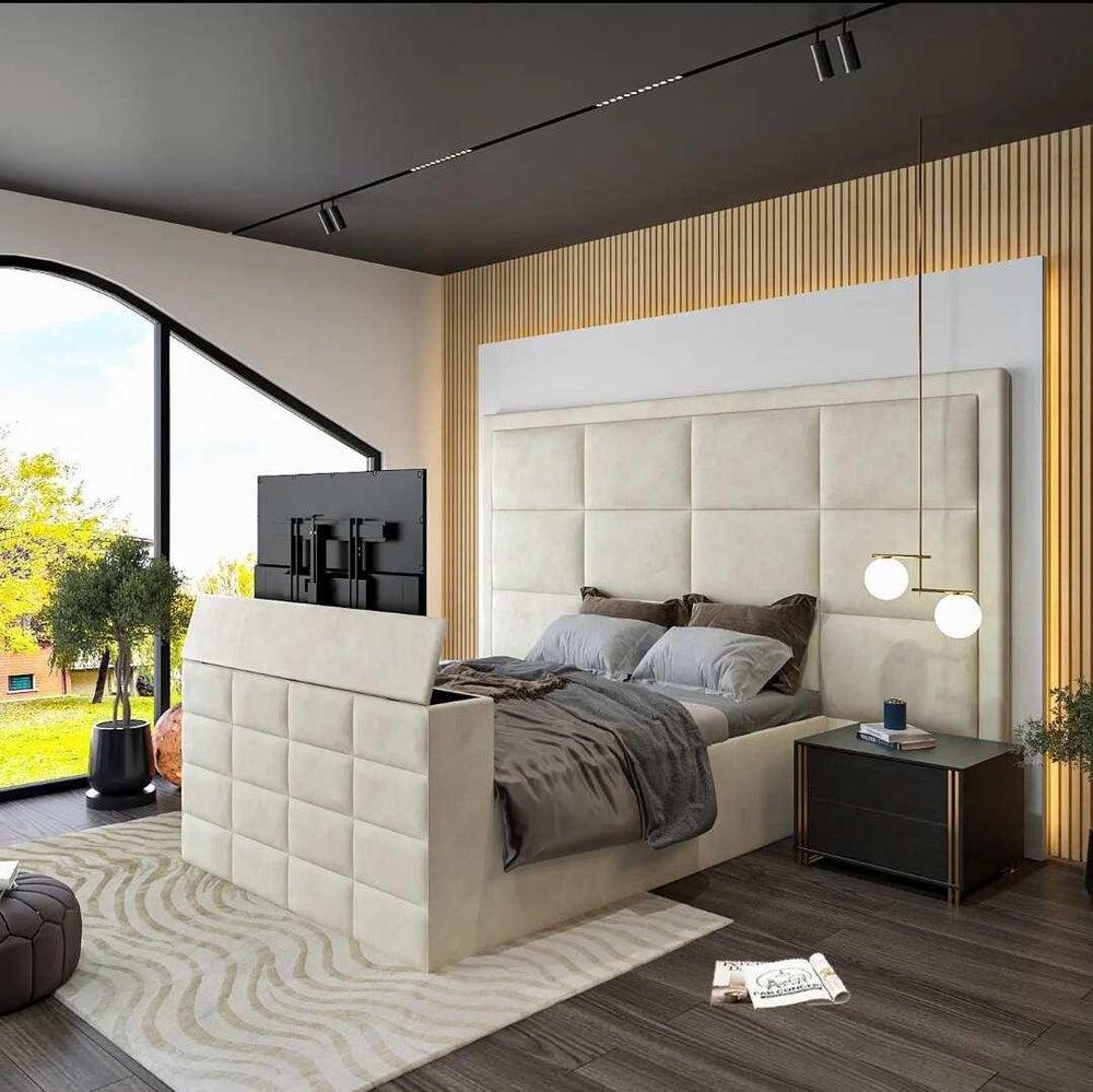 Modern bedroom with a large beige bed, End of Bed Tv Stand , TV lift, and asymmetrical window.