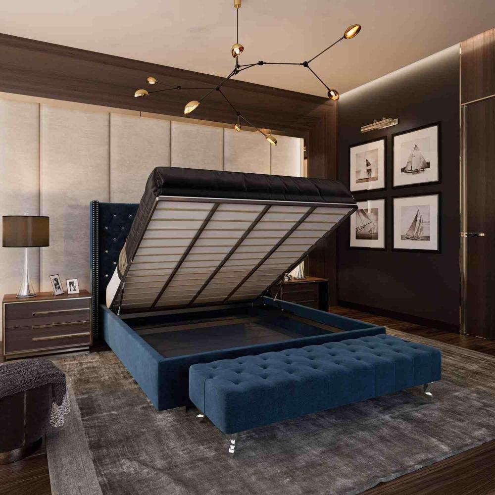 A sophisticated navy blue fold-down bed with a plush, upholstered finish, providing both a chic look and smart storage solutions for any contemporary room.