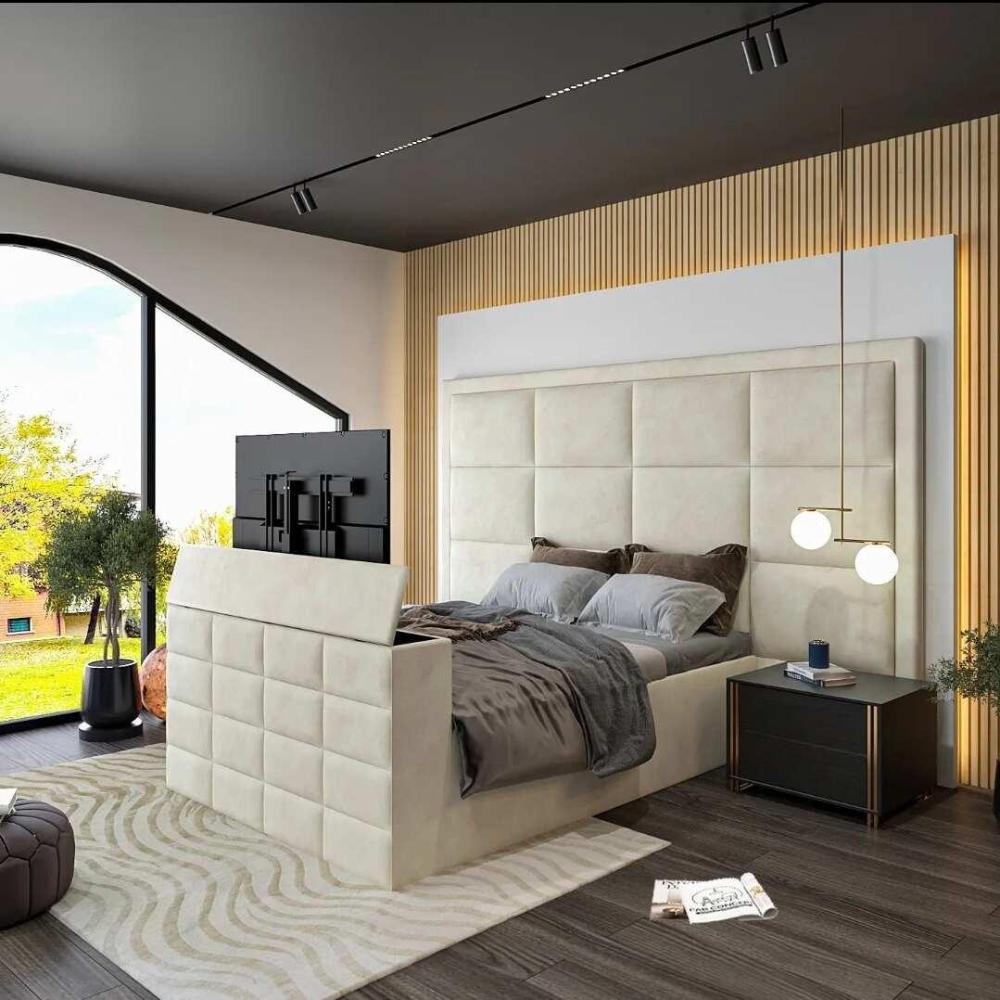 Modern bedroom with a king size bed, quilted headboard, and large window.