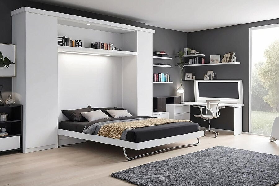 Murphy bed with desk in a modern bedroom-office setup.