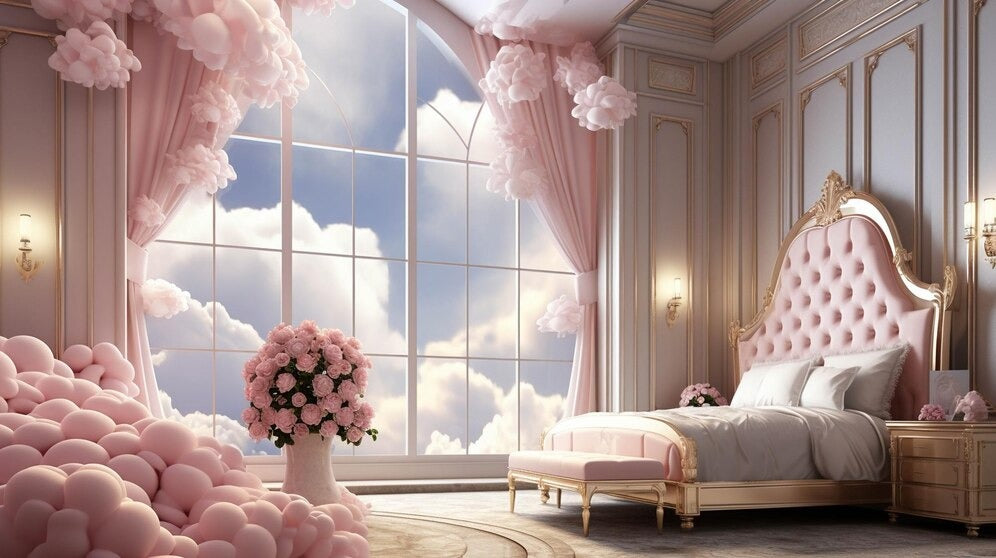 Luxurious bedroom with a princess bed, pink tufted headboard, and large window framed by curtains and cloud-like decorations.