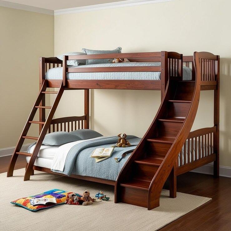 Wooden bunk beds for adults with toys beneath and on the beds.