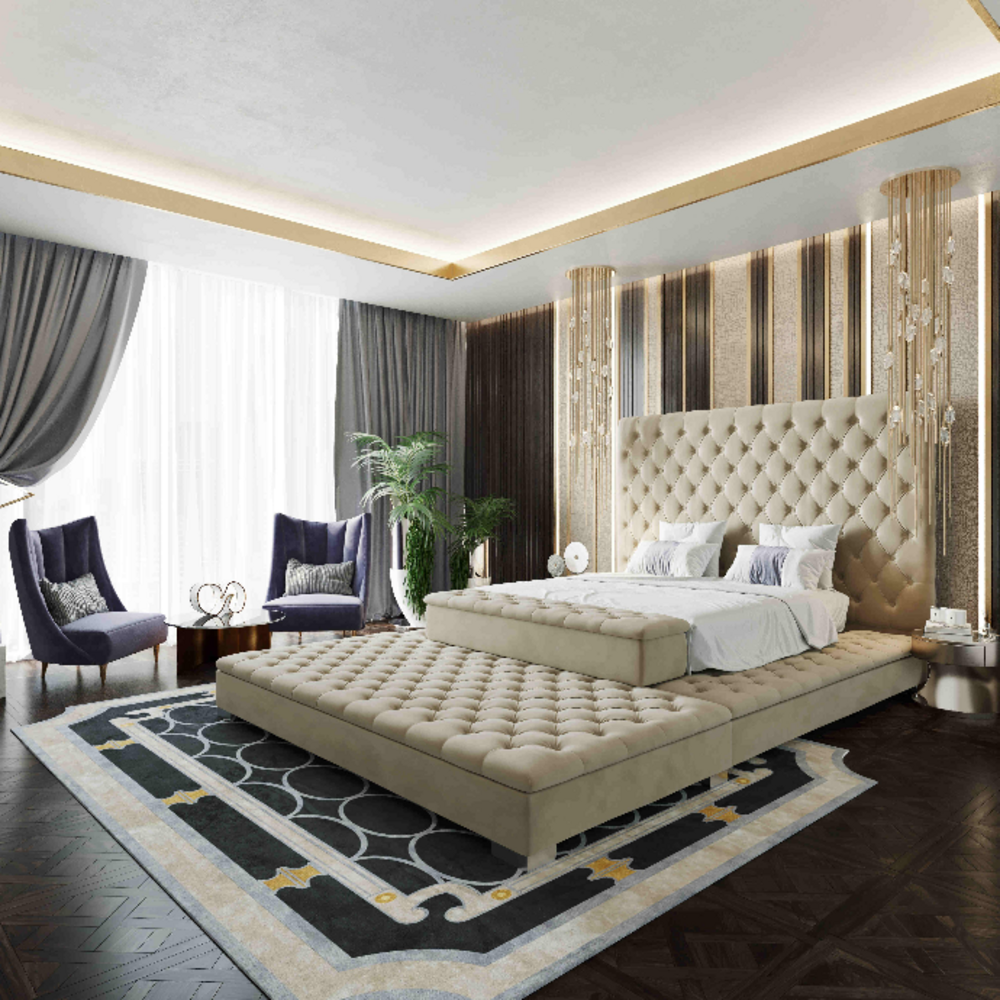 Luxurious bedroom with a cream ottoman bed and tufted headboard.