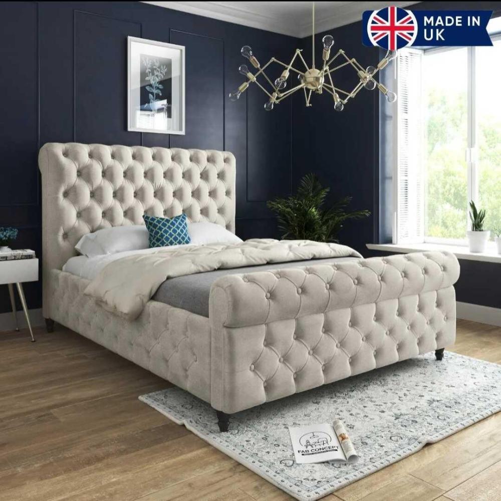 Plush velvet bed frame with tufted headboard in a stylish bedroom.