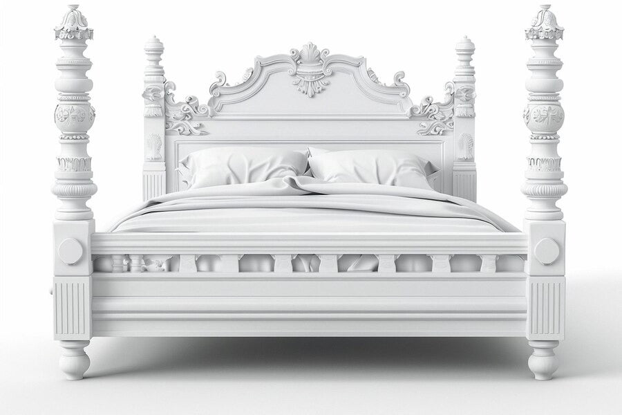 A white wooden bed frame with an ornate tufted headboard and elaborate carvings.